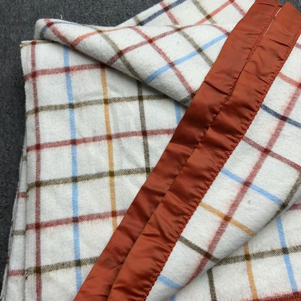 Vintage Plaid Acrylic Satin Trim Blanket Plaid MCM Retro Stevens‎ Utica 80x90